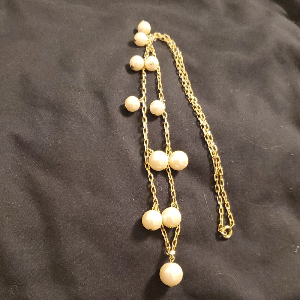 Gold Tone Pearl Station Necklace Cream Bead Dangle Necklace - Picture 4 of 5